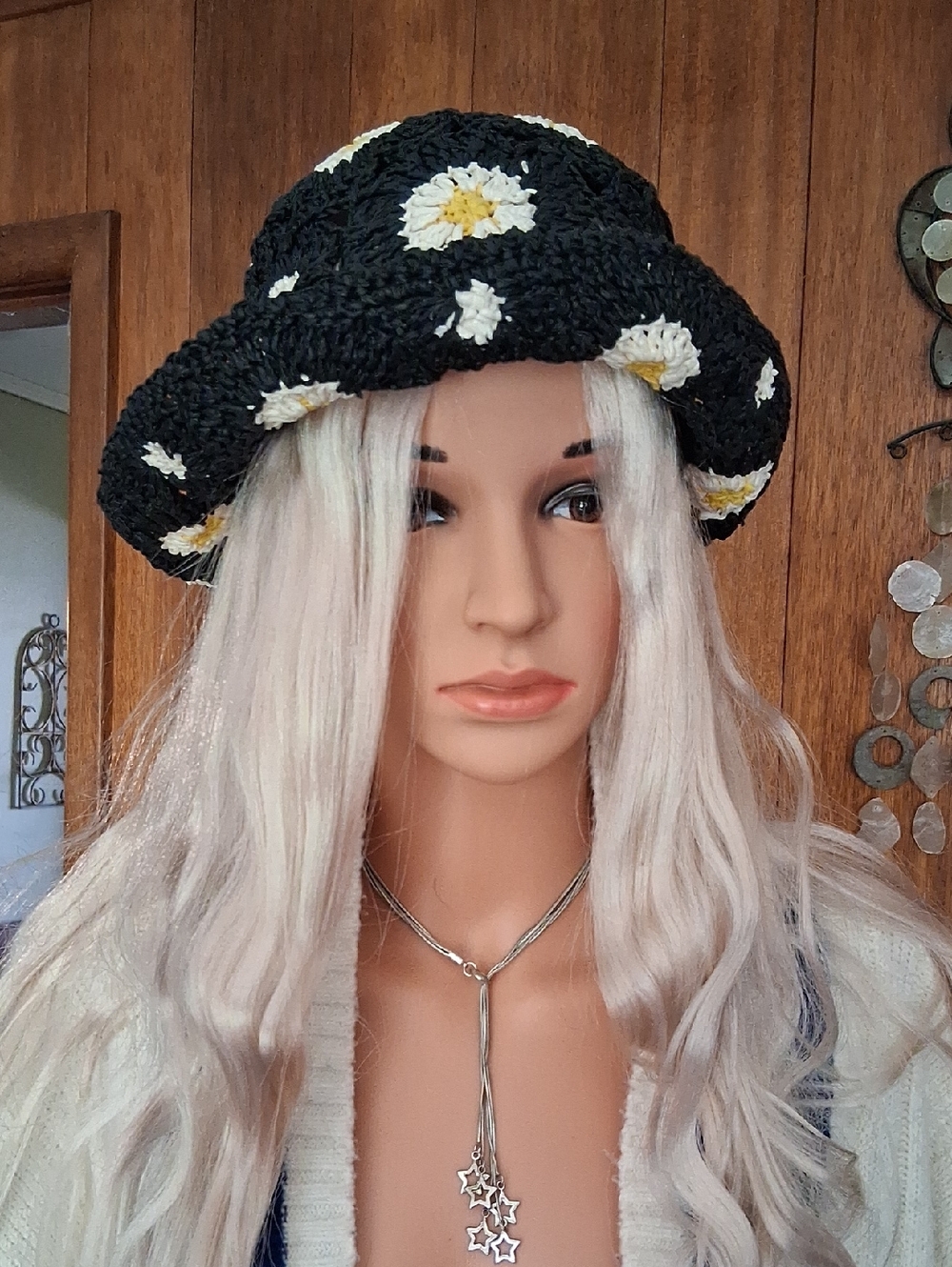 Coach Black Crochet Bucket Hat with White and Yellow Daisy Accents Lmtd. Edition
